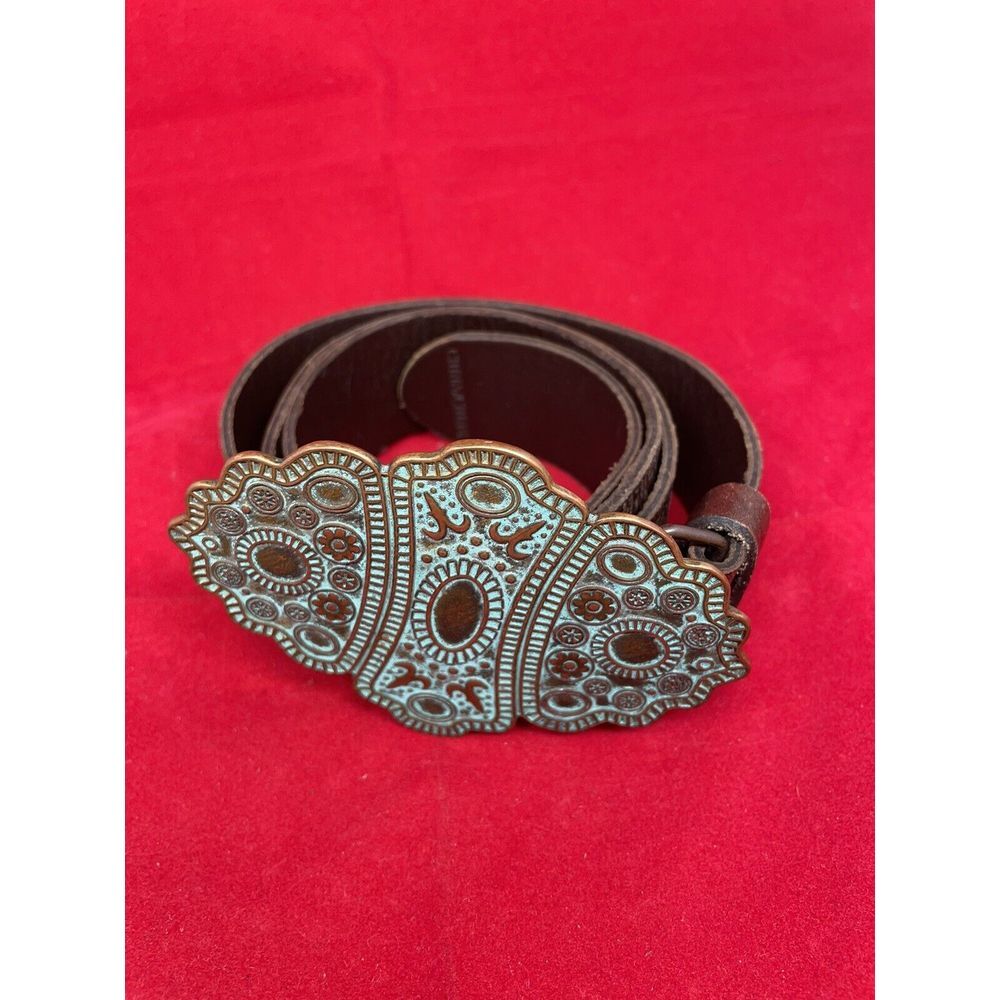 Copper Brass Patina Medallion Buckle Brown Leather Belt Buckle Brand Women's L